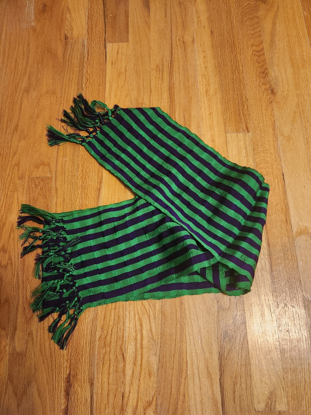 Handmade Guatemalan Striped Green and Navy Fringe Scarf